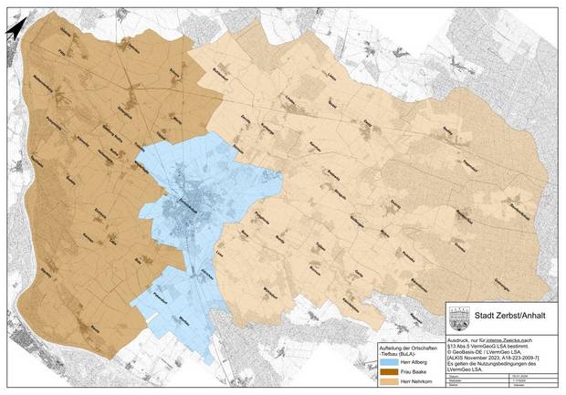 das Gemeindegebiet der Stadt Zerbst/Anhalt mit allen Ortschaften farblich in 3 Zonen unterteilt: westliche und südliche Ortschaften in Zuständigkeit von Frau Baake, nördliche und östliche Ortschaften in Zuständigkeit von Herrn Nehrkorn, Stadtgebiet inklusive Jütrichau, Pakendorf und Wertlau in Zuständigkeit von Herrn Alberg