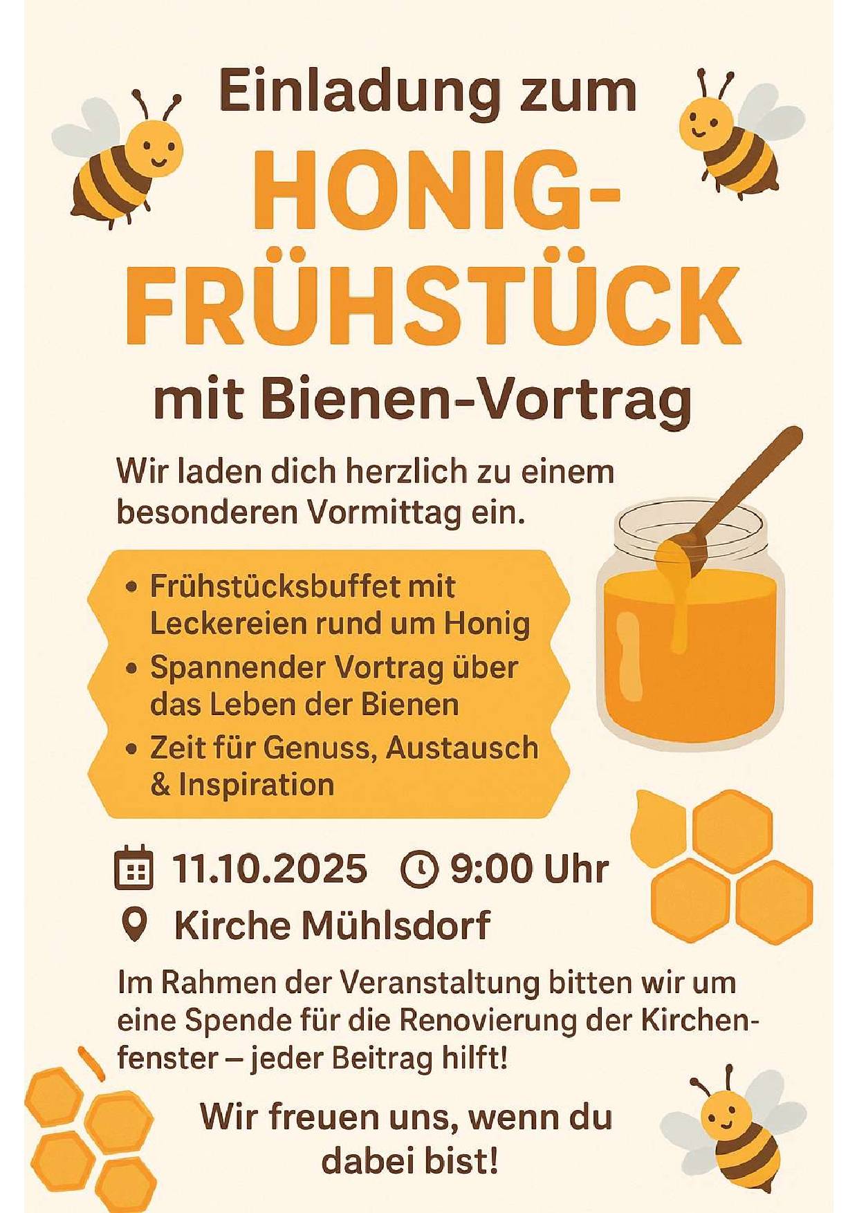 Plakat zur Einladung Honig-Frühstück mit Bienen-Vortrag